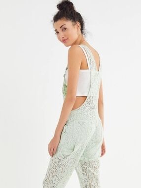 Urban Outfitters Dahlia Mint Green Floral Lace Overalls Medium